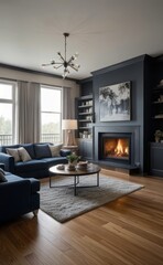 Fototapeta premium Modern professional photograph of a navy blue and silver luxury living room interior with floor-to-ceiling windows and a cozy fireplace