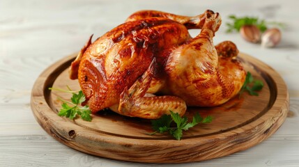 Delicious chicken dish. Succulent roast chicken with crispy skin and tender meat, sprinkled with herbs. Restaurant dish, seasonal offering, proper nutrition, diet food. Culinary aesthetics concept. 