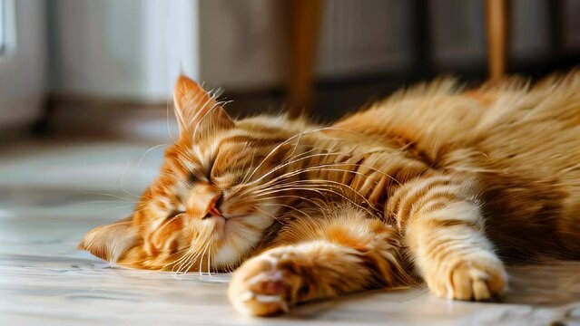 Orange tabby cat sleeping peacefully on light floor