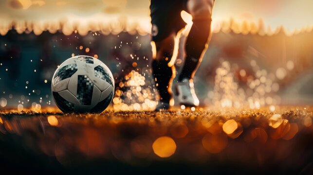 Soccer player controls ball with foot in stadium action close-up 
