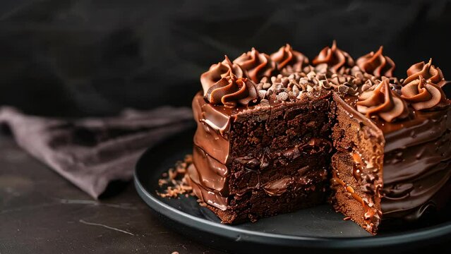Chocolate cake with slice taken out, garnished swirls and chocolate chips