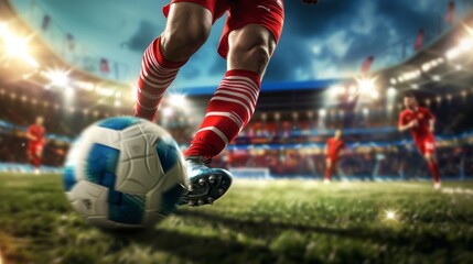 Fototapeta premium Soccer Striker's Intense Focus: Close-Up Shot Capturing the Moment Before Kicking the Ball at the Stadium