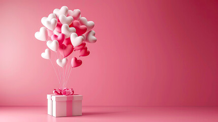 Lots of pink and white heart shaped balloons fly out of a gift box, studio lighting, solid pink background, valentine's day background
