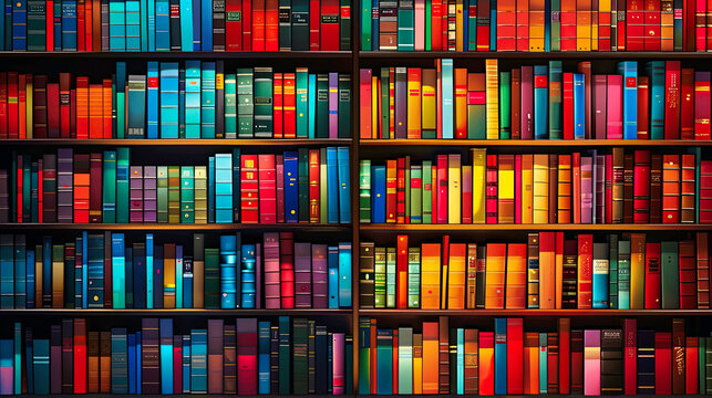 library book shelves packed with colorful books, soft smooth lighting premium quality