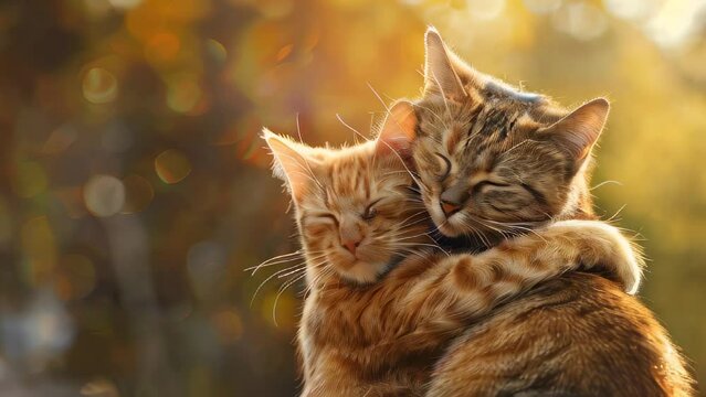 Two affectionate cats hugging each other in warm sunlight