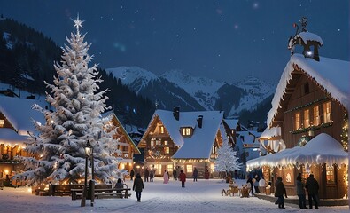 A picturesque snow-covered mountain village with cozy chalets decorated with Christmas lights. Smoke rises from chimneys, suggesting fireplaces burning inside.