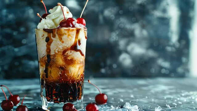 Decadent ice cream float with cherries and syrup drizzle on textured blue background