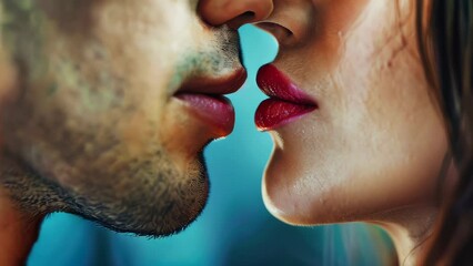 Close-up of man and woman nearly kissing, focusing on lips nose