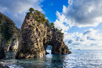 View of strangely shaped rocks on the Ushima coast in Nishiizu, Japan.