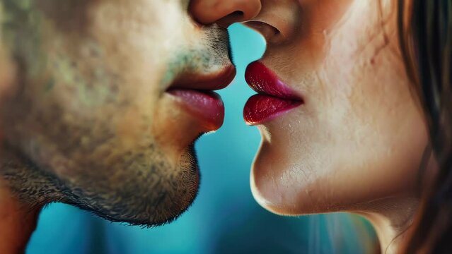 Close-up of man and woman nearly kissing, focusing on lips nose