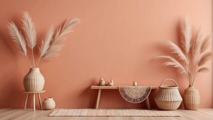 Interior wall mockup in minimalist Japandi style with wooden console, on empty coral background