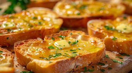 Thick slices of garlic bread with butter and herbs close up shot with shallow depth of field
