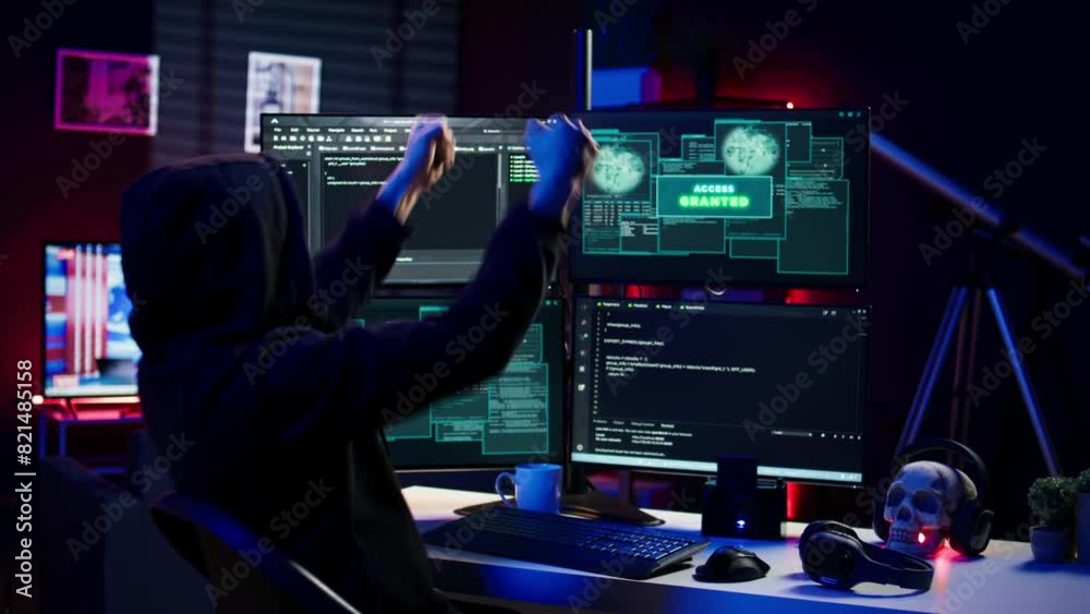 Poster hacker happy after successfully doing computer sabotage using ransomware, seeing access granted mess