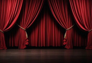 Red velvet curtains on stage with dark background, Elegant red theater backdrop on wooden stage