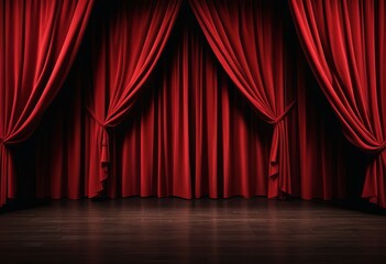 Fototapeta premium Elegant red theater curtains on a wooden stage