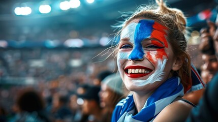 woman soccer fun with painted face of flag France in football stadium