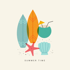 Summer vibe. Minimal abstract card. Surfboards, seashell, starfish, coconut, beach. Vector summer vacation background, trendy print in t-shirts.