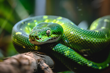 Green snake boa hanging from jungle branch, a majestic snake in hunting mode, demonstrating the wild and dangerous aspects of reptilian wildlife