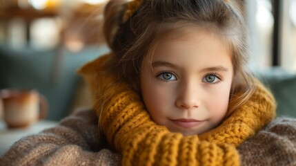 A young girl with bright green eyes, wrapped in a warm mustard scarf, sitting indoors, looking directly at the camera.