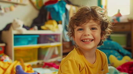 Fototapeta premium Image of a boy smiling and playing with toys.