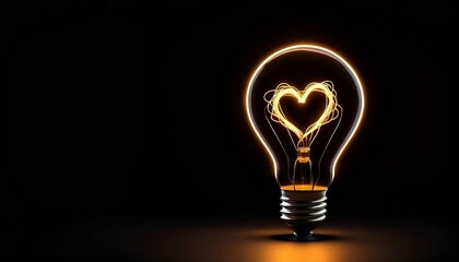 Light bulb with a heart shape glowing filament on a  black background created with generative ai