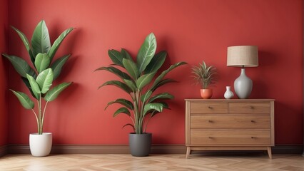 Living room interior with chest of drawers, plant in vase and lamp on empty Bright Red wall