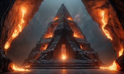 triangular mountain with a doorway in the center, surrounded by glowing orange flames and rocks.