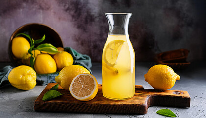 Still life food with fresh juicy bright lemons. Bottle of fresh homemade lemonade. Bottle of tasty limoncello. 