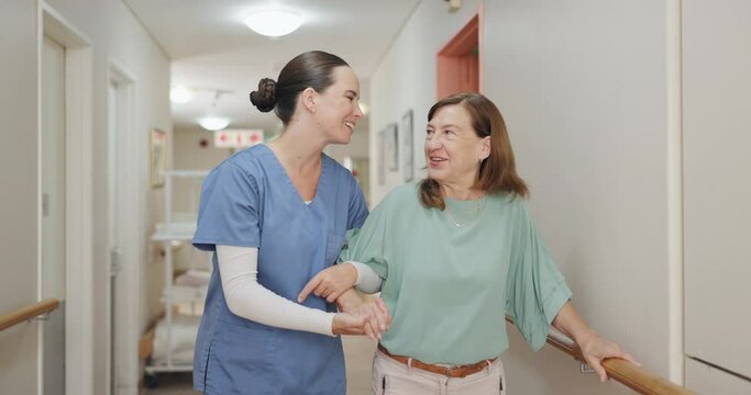 Walking, hospital and nurse with woman for help, support and care for medical service after surgery. healthcare, clinic and worker with patient in corridor for wellness, rehabilitation and nursing