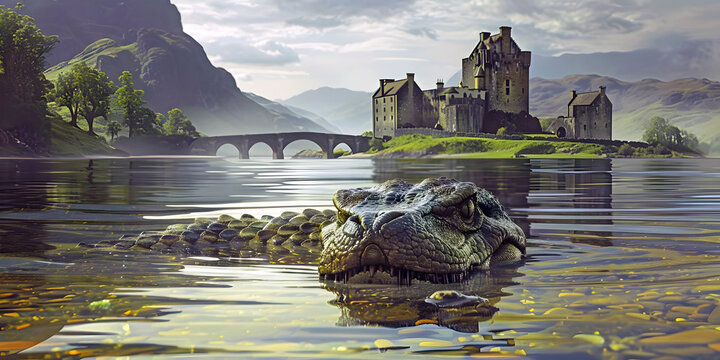 Loch Ness Monster Nessie in lake. AI generated.	
