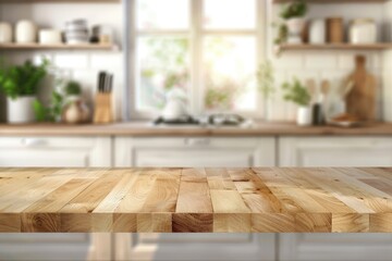 Wooden table top view for product montage over blurred kitchen interior background - generative ai