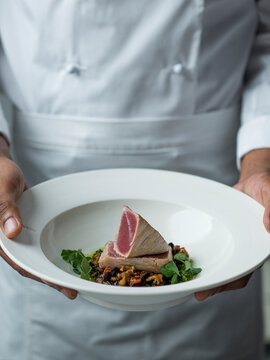 Chef holding spiced Tuna and aubergine dish.fff