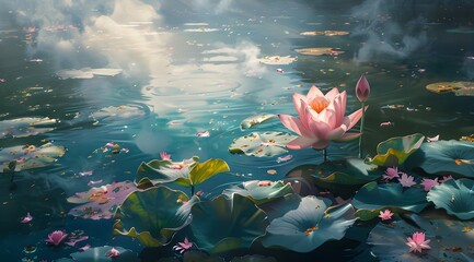 pink water lily on the lake, illustration from copyspace