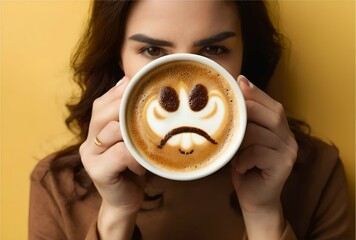 Closeup woman hands holding coffee cup with sad face drawn on coffee, top view angle on isolated yellow background