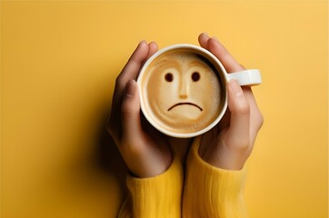 Closeup woman hands holding coffee cup with sad face drawn on coffee, top view angle on isolated yellow background