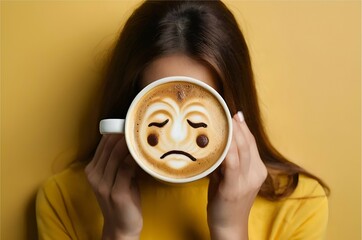 Closeup woman hands holding coffee cup with sad face drawn on coffee, top view angle on isolated yellow background