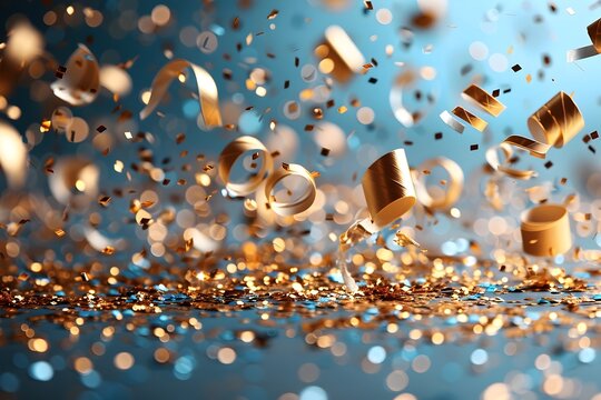 Serpentinas y confeti dorado cayendo en un fondo azul. Celebraciones, navidad, cumplea&ntilde;os,  ocasiones especiales