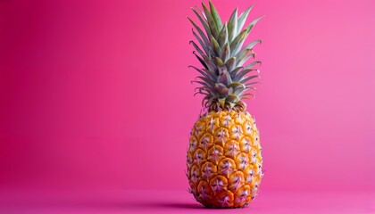 A solitary perfect pineapple on a vivid fuchsia pink background.