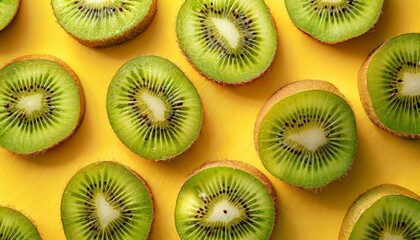 Fototapeta premium Kiwi fruit slices fanned out, their emerald green flesh contrasting a sunny yellow background.