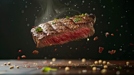 Steak Slice Flying In The Air High quality images. Generative ai