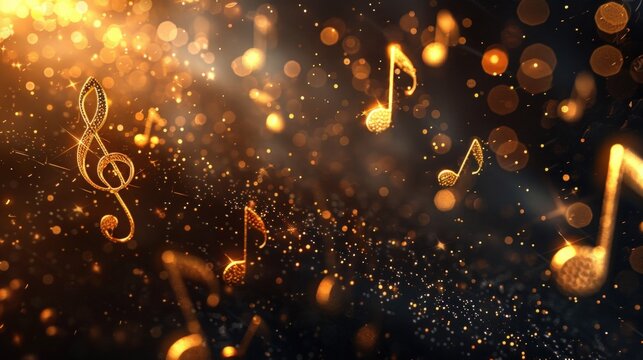 Fototapeta Gold music notes on dark background with bokeh lights.