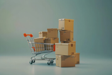 Shopping cart full of boxes on a plain green background