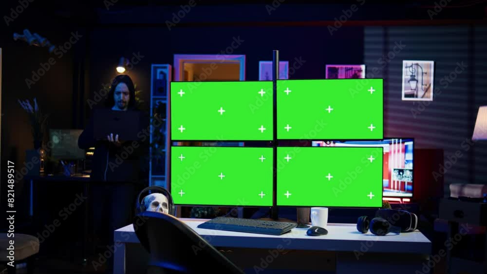 Poster hacker using isolated screen multi monitor pc setup, doing computer sabotage using ransomware. cyber