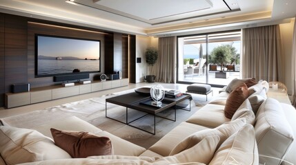 Cozy couch with pillows , tv unit , interior of modern living room 