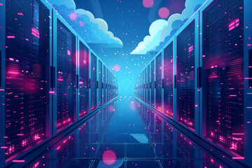 Illustrative image of computer servers on clouds representing cloud computing.Cloud Network Solution digital background. Cyber Security and Cloud Technology Concept.
