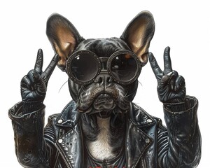 A dog in a leather jacket and black glasses, holding up two fingers in a rock and roll gesture, Pop...