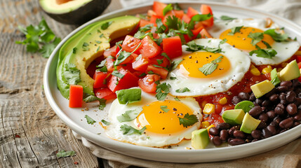 White Plate With Eggs, Black Beans, and Avocado