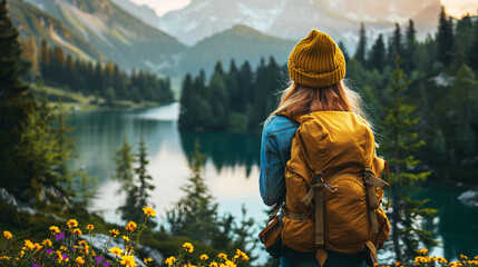 Woman with yellow backpack overlooking serene mountain lake and forest