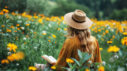 Woman in straw hat reading book in wildflower meadow