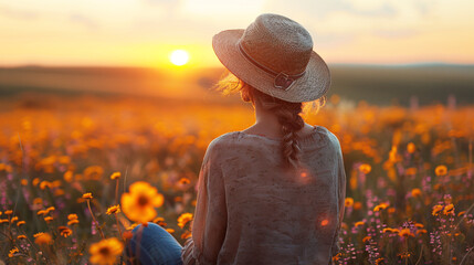 Woman in straw hat watching sunset in flower field